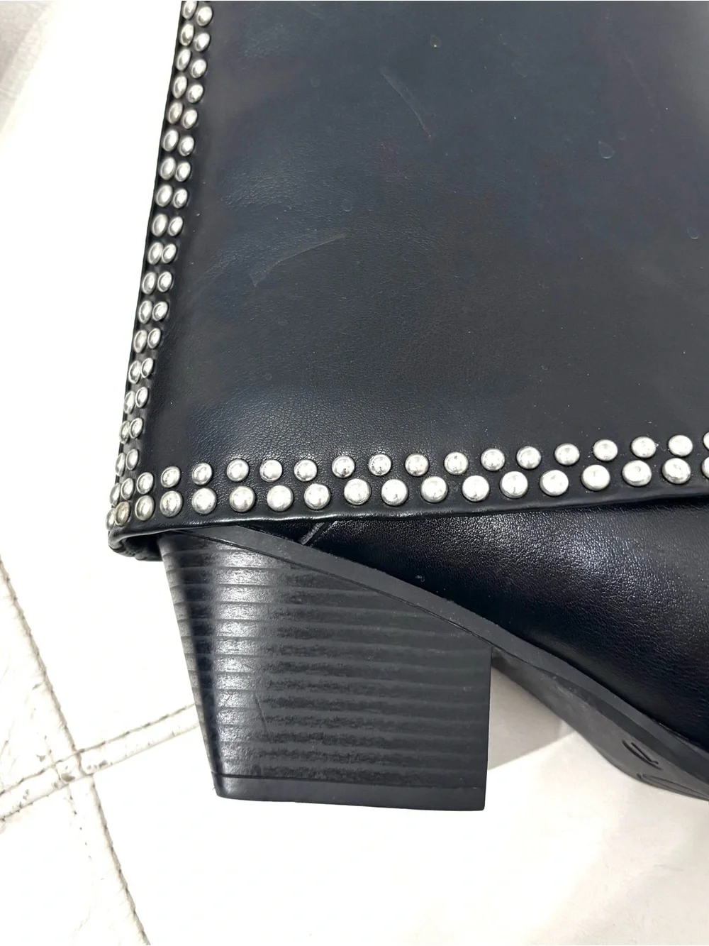 Michael Shanon Royce Fold Over Black Studded Pointed Ankle Booties